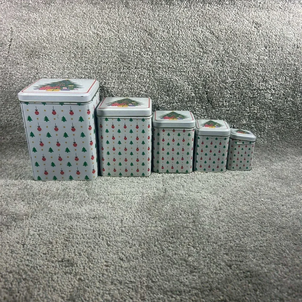 Nesting Christmas Tins White Green Red Holiday Storage Set of 5